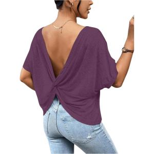 imageWomens Backless Twist Knot T Shirt Oversized Solid Short Sleeve Tees Open Back Asymmetrical Hem Casual TopsViolet Purple