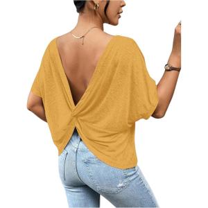 imageWomens Backless Twist Knot T Shirt Oversized Solid Short Sleeve Tees Open Back Asymmetrical Hem Casual TopsYellow