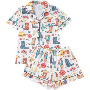 imageWomens Bow Pajamas Sets Short Sleeve Button Down Pajamas Y2k Preppy Cute PJ Set SleepwearBoots White