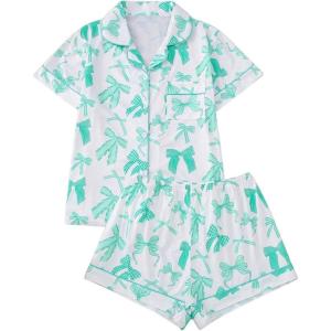 imageWomens Bow Pajamas Sets Short Sleeve Button Down Pajamas Y2k Preppy Cute PJ Set SleepwearBow Green