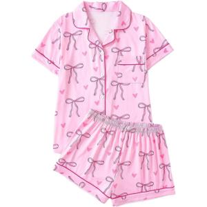 imageWomens Bow Pajamas Sets Short Sleeve Button Down Pajamas Y2k Preppy Cute PJ Set SleepwearBow Pink