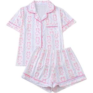 imageWomens Bow Pajamas Sets Short Sleeve Button Down Pajamas Y2k Preppy Cute PJ Set SleepwearBow White
