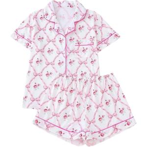 imageWomens Bow Pajamas Sets Short Sleeve Button Down Pajamas Y2k Preppy Cute PJ Set SleepwearFloral Pink