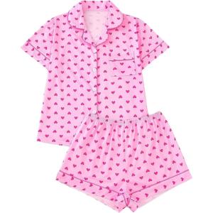 imageWomens Bow Pajamas Sets Short Sleeve Button Down Pajamas Y2k Preppy Cute PJ Set SleepwearHeart Pink