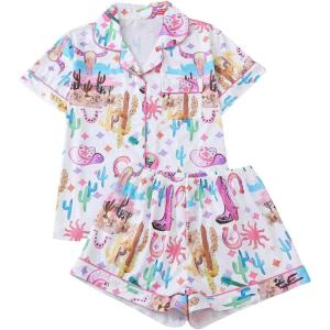 imageWomens Bow Pajamas Sets Short Sleeve Button Down Pajamas Y2k Preppy Cute PJ Set SleepwearMulticolor