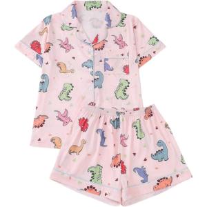 imageWomens Bow Pajamas Sets Short Sleeve Button Down Pajamas Y2k Preppy Cute PJ Set SleepwearPink Cartoon