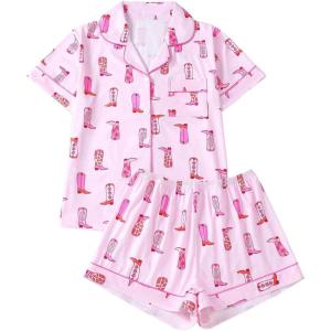imageWomens Bow Pajamas Sets Short Sleeve Button Down Pajamas Y2k Preppy Cute PJ Set SleepwearPink Graphic