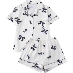imageWomens Bow Pajamas Sets Short Sleeve Button Down Pajamas Y2k Preppy Cute PJ Set SleepwearWhite Black