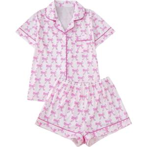 imageWomens Bow Pajamas Sets Short Sleeve Button Down Pajamas Y2k Preppy Cute PJ Set SleepwearWhite and Pink