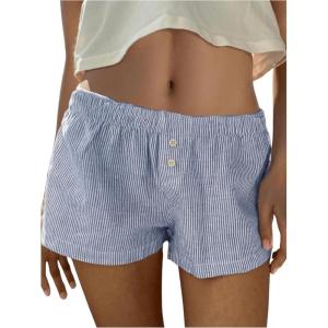 imageWomens Boxer Shorts Striped Straight Leg Low Rise Baggy Shorts Lounge Pajama Bottoms ShortsBlue and White
