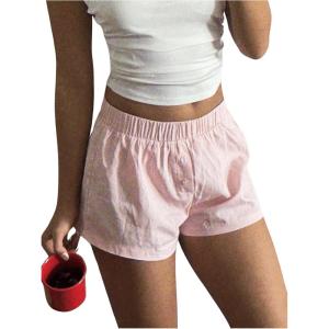 imageWomens Boxer Shorts Striped Straight Leg Low Rise Baggy Shorts Lounge Pajama Bottoms ShortsPink