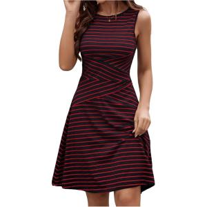 imageWomens Casual Summer Dresses 2025 Striped High Waisted Crewneck Sleeveless A Line Mini Tank DressRed