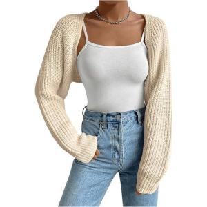 imageWomens Cropped Cardigan Sweaters Long Sleeve Open Front Bolero Shrugs Casual Knit TopsApricot Plain