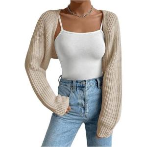 imageWomens Cropped Cardigan Sweaters Long Sleeve Open Front Bolero Shrugs Casual Knit TopsBeige