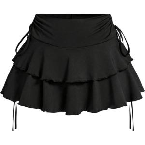 imageWomens Drawstring Bow Side Mini Skirts Tiered Layer Ruffle Elastic Waist Y2K Coquette Short SkirtsBlack