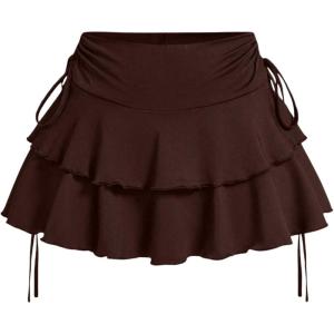 imageWomens Drawstring Bow Side Mini Skirts Tiered Layer Ruffle Elastic Waist Y2K Coquette Short SkirtsBrown