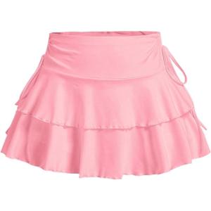 imageWomens Drawstring Bow Side Mini Skirts Tiered Layer Ruffle Elastic Waist Y2K Coquette Short SkirtsCoral Pink