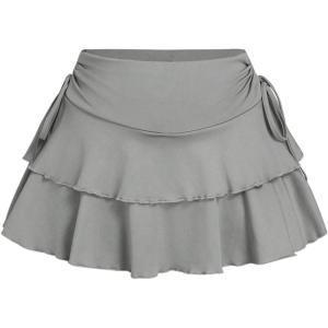 imageWomens Drawstring Bow Side Mini Skirts Tiered Layer Ruffle Elastic Waist Y2K Coquette Short SkirtsGrey