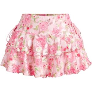 imageWomens Drawstring Bow Side Mini Skirts Tiered Layer Ruffle Elastic Waist Y2K Coquette Short SkirtsPink