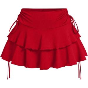 imageWomens Drawstring Bow Side Mini Skirts Tiered Layer Ruffle Elastic Waist Y2K Coquette Short SkirtsRed