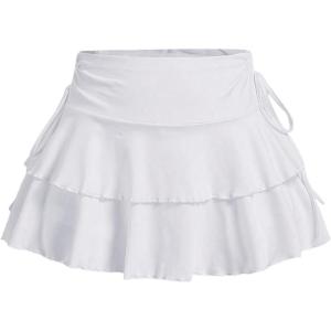 imageWomens Drawstring Bow Side Mini Skirts Tiered Layer Ruffle Elastic Waist Y2K Coquette Short SkirtsWhite