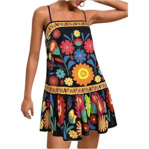 imageWomens Floral Boho Flowy Mini Cami Dress Ruffle Hem Spaghetti Strap Vacation Tank DressesBlack