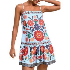 imageWomens Floral Boho Flowy Mini Cami Dress Ruffle Hem Spaghetti Strap Vacation Tank DressesBlue
