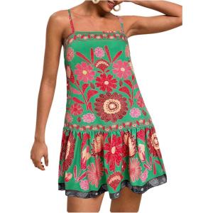 imageWomens Floral Boho Flowy Mini Cami Dress Ruffle Hem Spaghetti Strap Vacation Tank DressesGreen