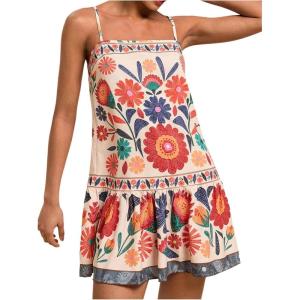 imageWomens Floral Boho Flowy Mini Cami Dress Ruffle Hem Spaghetti Strap Vacation Tank DressesMulticolor