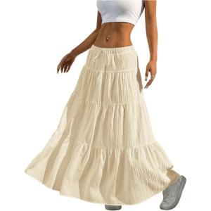 imageWomens Flowy Flared Ruffle Hem A Line Maxi Skirts Elastic Waist Elegant Tiered Layer Boho Long SkirtsBeige