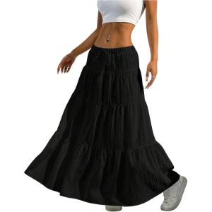 imageWomens Flowy Flared Ruffle Hem A Line Maxi Skirts Elastic Waist Elegant Tiered Layer Boho Long SkirtsBlack