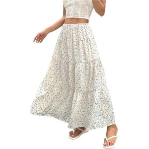 imageWomens Flowy Flared Ruffle Hem A Line Maxi Skirts Elastic Waist Elegant Tiered Layer Boho Long SkirtsBlue