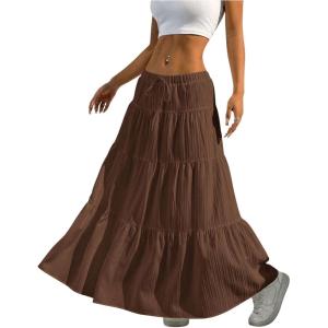 imageWomens Flowy Flared Ruffle Hem A Line Maxi Skirts Elastic Waist Elegant Tiered Layer Boho Long SkirtsBrown
