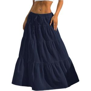 imageWomens Flowy Flared Ruffle Hem A Line Maxi Skirts Elastic Waist Elegant Tiered Layer Boho Long SkirtsDeep Blue