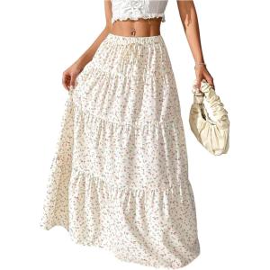 imageWomens Flowy Flared Ruffle Hem A Line Maxi Skirts Elastic Waist Elegant Tiered Layer Boho Long SkirtsFloral White
