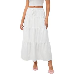 imageWomens Flowy Flared Ruffle Hem A Line Maxi Skirts Elastic Waist Elegant Tiered Layer Boho Long SkirtsLight White