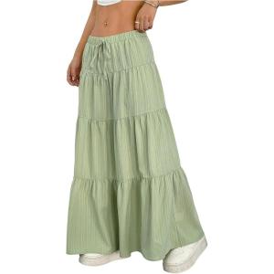 imageWomens Flowy Flared Ruffle Hem A Line Maxi Skirts Elastic Waist Elegant Tiered Layer Boho Long SkirtsMint Green