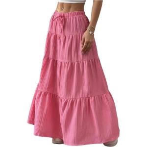 imageWomens Flowy Flared Ruffle Hem A Line Maxi Skirts Elastic Waist Elegant Tiered Layer Boho Long SkirtsPink