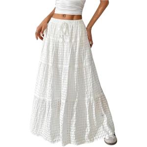 imageWomens Flowy Flared Ruffle Hem A Line Maxi Skirts Elastic Waist Elegant Tiered Layer Boho Long SkirtsPlain White