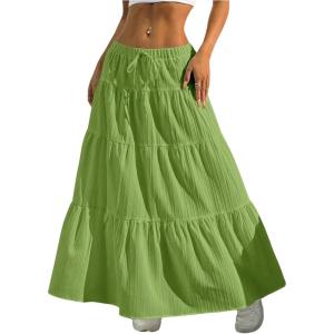 imageWomens Flowy Flared Ruffle Hem A Line Maxi Skirts Elastic Waist Elegant Tiered Layer Boho Long SkirtsPure Green