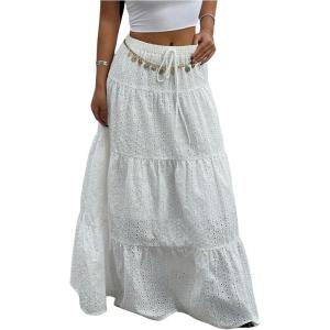 imageWomens Flowy Flared Ruffle Hem A Line Maxi Skirts Elastic Waist Elegant Tiered Layer Boho Long SkirtsPure White
