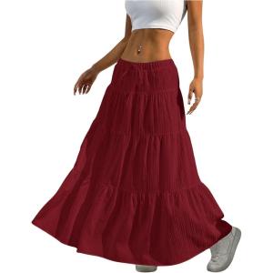 imageWomens Flowy Flared Ruffle Hem A Line Maxi Skirts Elastic Waist Elegant Tiered Layer Boho Long SkirtsRed