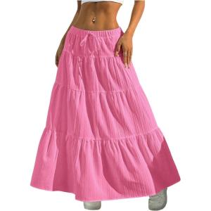 imageWomens Flowy Flared Ruffle Hem A Line Maxi Skirts Elastic Waist Elegant Tiered Layer Boho Long SkirtsSolid Pink
