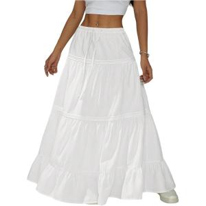 imageWomens Flowy Flared Ruffle Hem A Line Maxi Skirts Elastic Waist Elegant Tiered Layer Boho Long SkirtsSolid White