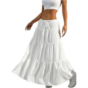 imageWomens Flowy Flared Ruffle Hem A Line Maxi Skirts Elastic Waist Elegant Tiered Layer Boho Long SkirtsWhite