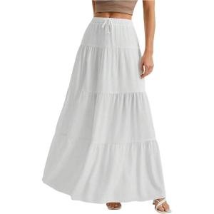 imageWomens Flowy Flared Ruffle Hem A Line Maxi Skirts Elastic Waist Elegant Tiered Layer Boho Long SkirtsWhite Plain