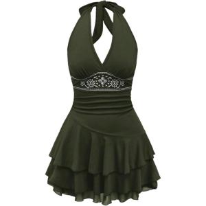 imageWomens Halter Cowgirl Vintage Mini Dress Embroidery Tie Back Sleeveless Ruched Tiered Layer A Line DressesArmy Green