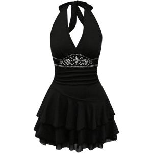 imageWomens Halter Cowgirl Vintage Mini Dress Embroidery Tie Back Sleeveless Ruched Tiered Layer A Line DressesBlack