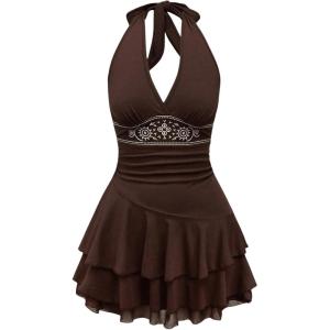 imageWomens Halter Cowgirl Vintage Mini Dress Embroidery Tie Back Sleeveless Ruched Tiered Layer A Line DressesBrown