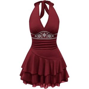 imageWomens Halter Cowgirl Vintage Mini Dress Embroidery Tie Back Sleeveless Ruched Tiered Layer A Line DressesBurgundy